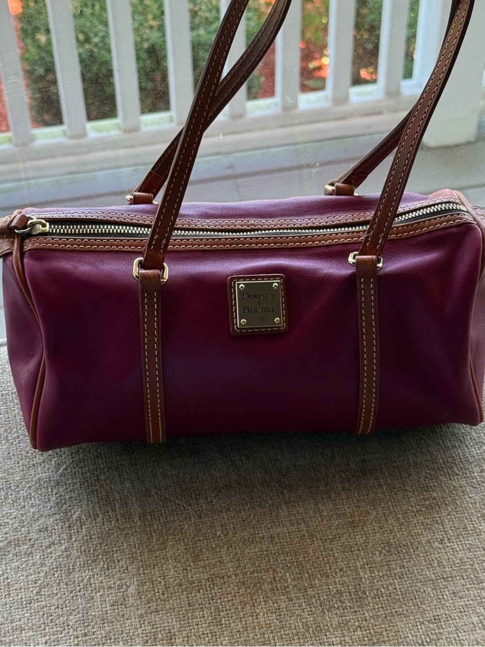 Dooney & Bourke Plum Leather Barrel Satchel with Brown Trim